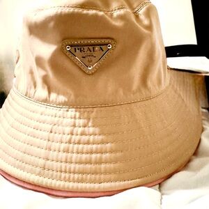 Prada Beige Nylon Bucket Hat with Logo Plaque